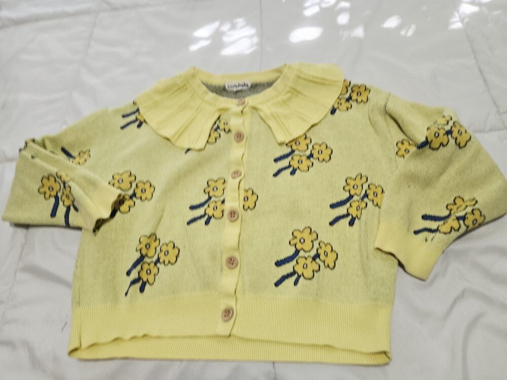 Novelty Flower Cardigan Yellow Applique Ribbon Trim Girls 10 Cottagecore Retro